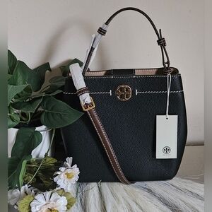 Tory Burch nwt Felix Black/Brown Bucket Bag 2 way leather crossbody